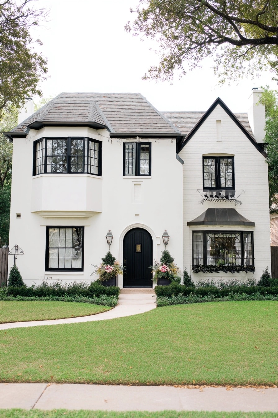 Striking white painted brick Tudor-style house exterior with contrasting black trim, bay windows, and an arched front door.