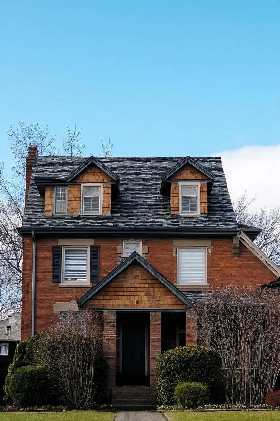 Red brick house exterior idea combining textures with wood shake shingles on dormers, dark shutters, and a dark roof.