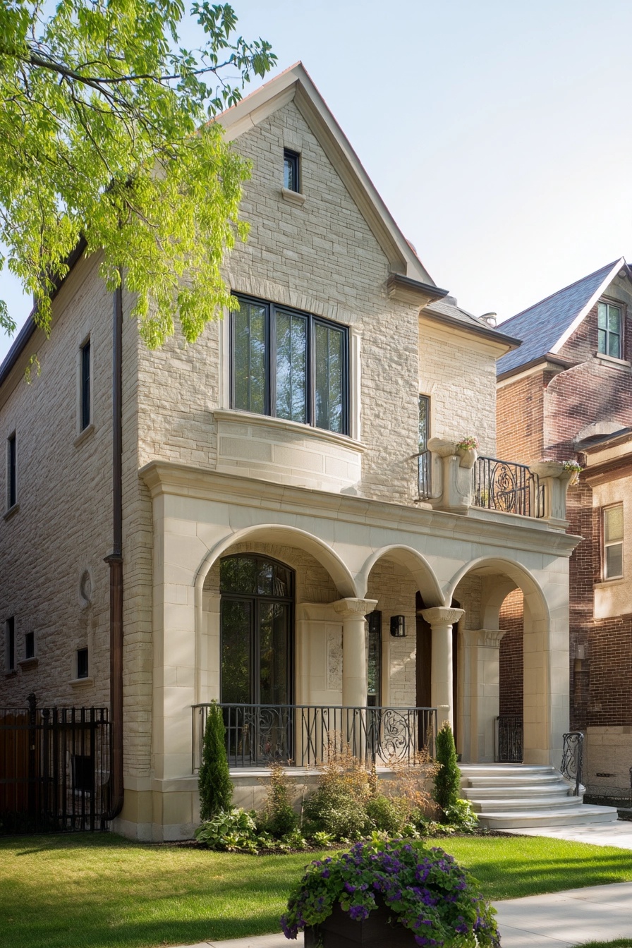 Elegant limestone home exterior featuring a grand covered entrance with multiple stone arches and columns.