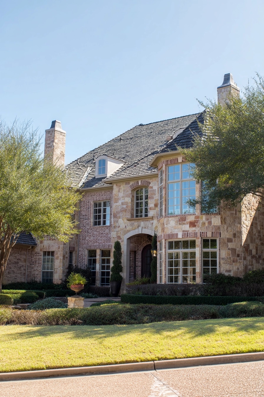 Large European-style home blending warm-toned brick and multi-colored stone with varied textures.
